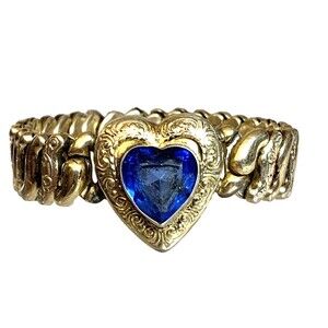 Vintage Co-Star Sweetheart Expansion Bracelet Gold Tone Blue Glass Heart 1940s